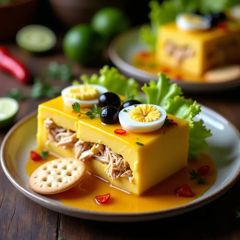 Causa limeña en capas con puré de papa amarilla, rellena de pollo a la huancaína cremoso, huevo duro, aceitunas y ají rocoto, servida en molde rectangular con galletas sin gluten al lado.