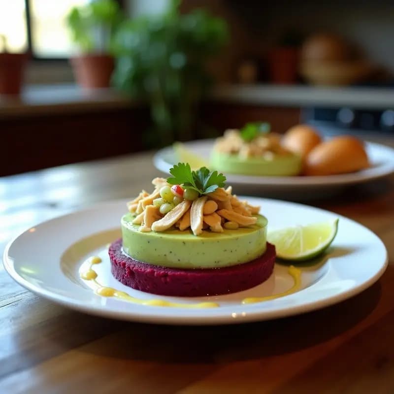 Causa limeña en capas vibrantes: base de puré de remolacha morada, crema de palta verde, relleno de pollo dorado con cebolla morada y huevo picado, decorada con cilantro fresco y mayonesa en zigzag sobre plato blanco.