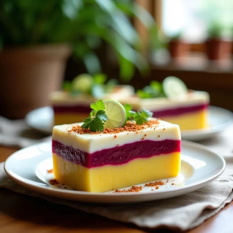 Causa limeña vegana y sin gluten en molde rectangular con capas visibles de puré de papa amarilla, remolacha asada con ají amarillo, queso cremoso de almendras y relleno fresco de aguacate, tomate cherry y cilantro, decorada con rodajas de limón y hojas de cilantro.