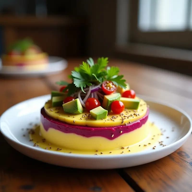 Plato de Causa Limeña de Remolacha y Queso Vegano con capas vibrantes de remolacha morada, queso cremoso de anacardos, aguacate y cebolla morada, decorado con hojas de lechuga y semillas de sésamo sobre un fondo rústico.