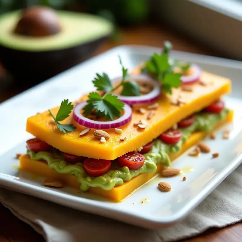 Plato rectangular de causa limeña vegana con capas visibles de puré de batata amarilla, relleno de palta cremosa y tomate seco en tiras, decorado con almendras tostadas y hojas de hierbabuena sobre fondo rústico de madera oscura.