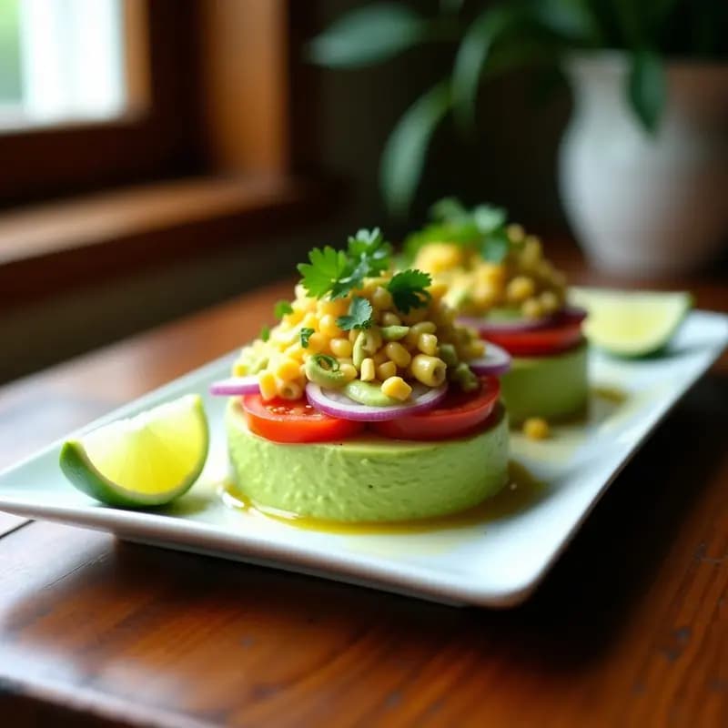 Plato rectangular de causa peruana vegana con capas de aguacate cremoso, palmito en rodajas y relleno de cebolla morada, tomate y cilantro. Decorado con maíz tostado y gajos de limón fresco.