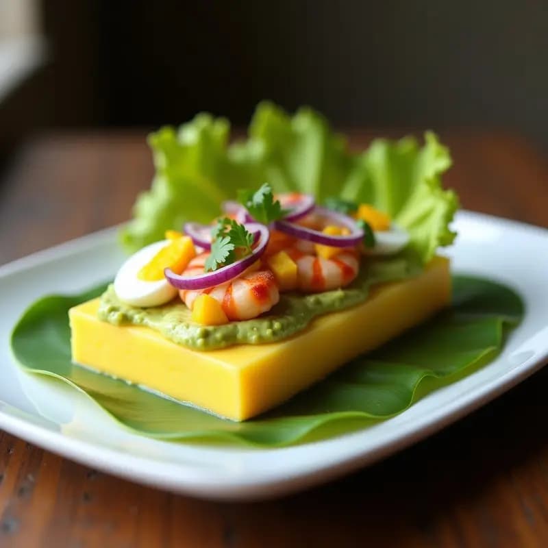 Plato rectangular de causa peruana en capas: base de puré de papa amarilla, capa cremosa de aguacate, relleno de langostinos marinados en ají amarillo y cebolla morada, servido sobre hojas de lechuga fresca.