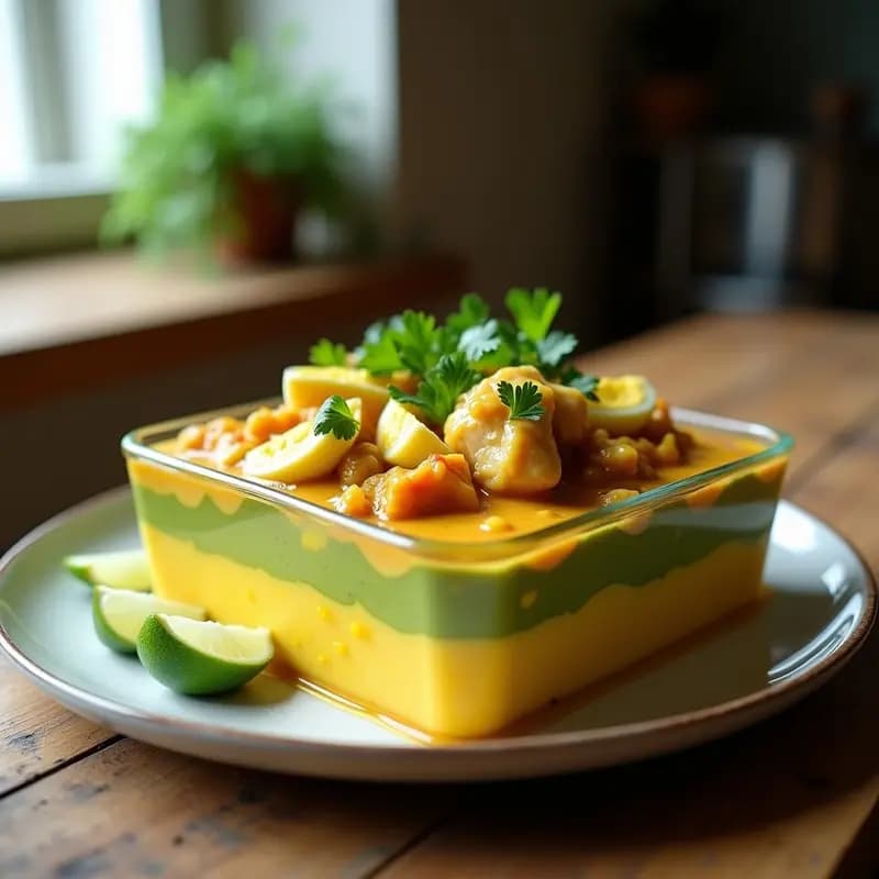 Causa rellena de pollo al curry en molde rectangular, con capas visibles de puré de papa amarilla, pollo al curry con leche de coco y aguacate cremoso, decorada con huevo duro picado, rodajas de pimentón amarillo y cilantro fresco. Plato peruano sin gluten y alto en proteína.
