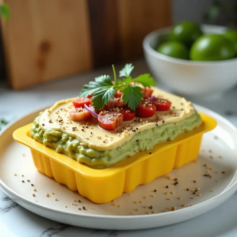 Causa rellena de aguacate y atún sin cocinar, presentada en molde rectangular con capas verdes cremosas y relleno dorado, decorada con germinados frescos y rodajas de limón sobre un plato blanco rústico.