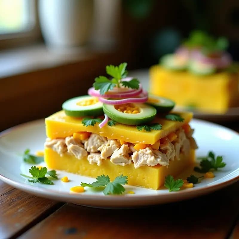 Molde rectangular de causa rellena peruana con capas visibles de puré de papa amarilla, pollo desmenuzado con maracuyá, aguacate en láminas y decoración de huevo picado y cilantro. Entrante frío y cremoso listo para servir.