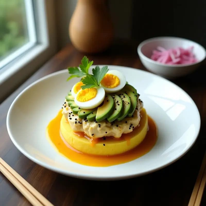 Plato rectangular de causa rellena de pollo al curry versión peruana-japonesa, con capas visibles de puré de papa amarilla, guacamole cremoso, pollo al curry dorado y topping de apio, huevo y semillas de sésamo negro, servido en porciones limpias sobre un plato de madera.