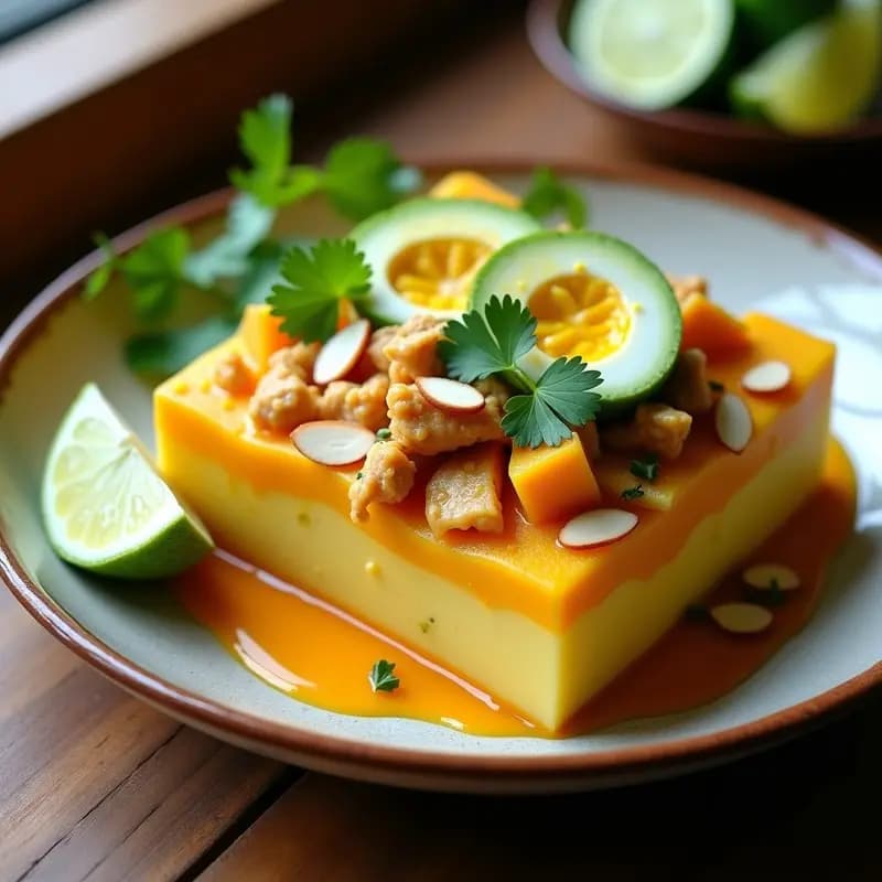 Plato rectangular de causa rellena peruana fría con capas visibles de puré de papa amarilla, pollo al curry dorado, mango en cubos y almendras tostadas, decorada con rodajas de aguacate y cilantro fresco sobre fondo rústico de madera.