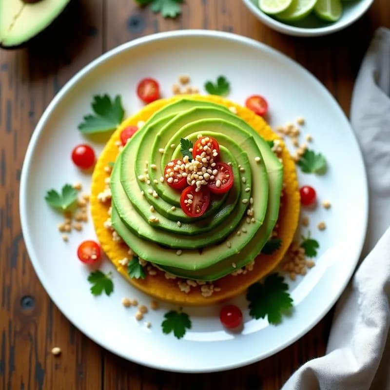 Plato de causa rellena de quinua y palta en spiralizer, con capas visibles de quinua amarilla, palta cremosa y relleno de cebolla morada y tomate cherry, decorado con semillas de sésamo y cilantro fresco.