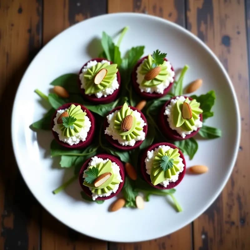 Causa peruana de remolacha y queso de cabra en molde rectangular, con capas visibles de patata amarilla, espinaca, remolacha macerada y queso desmenuzado, coronada con cebolla morada y semillas de sésamo tostadas. Plato servido en vajilla blanca con fondo rústico.