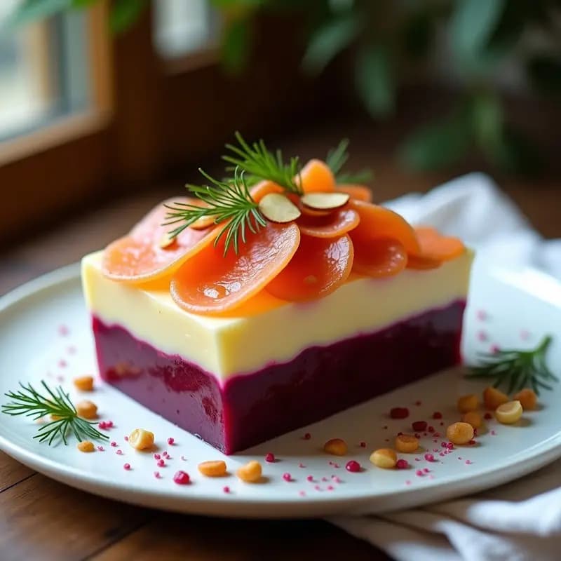 Causa limeña de remolacha y salmón ahumado servida en porciones cuadradas sobre plato blanco, con capas visibles de remolacha morada, salmón ahumado y decoración de almendras fileteadas y culantro fresco.