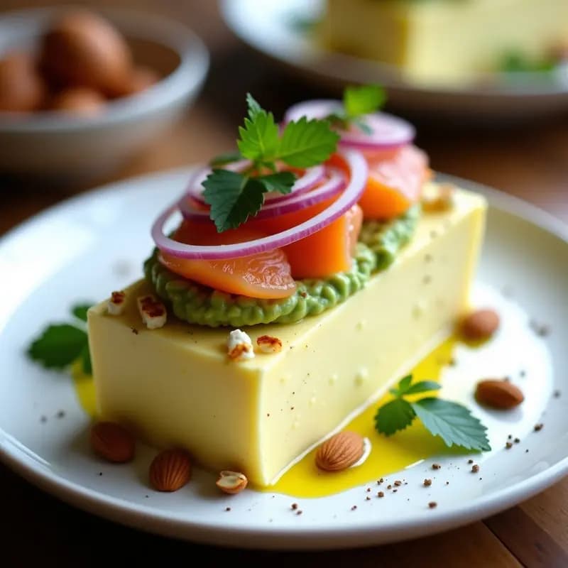 Causa de yuca y salmón ahumado en capas, con puré de yuca cremoso, aguacate verde, salmón rosado, cebolla morada y decoración de cilantro y sésamo. Plato peruano sin gluten y gourmet servido en molde rectangular.