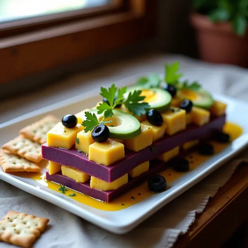 Plato rectangular de Causes Limeñas de Papa Morada y Pollo a la Huancaína, con capas visibles de papa morada, pollo bañado en salsa amarilla cremosa, aguacate en rodajas y decoración de huevo picado, aceitunas y cilantro fresco sobre fondo rústico.