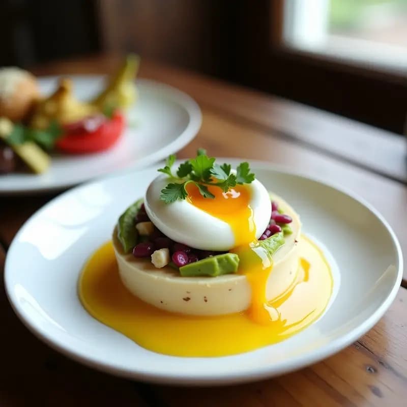 Entrante peruano gourmet de causes de pallares en capas: base cremosa de pallares amarillos, cebolla morada en juliana, huevo pochado con yema líquida y vinagreta de ají amarillo, decorado con cilantro fresco. Presentado en molde rectangular con fondo blanco.