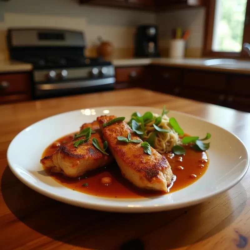 Plato blanco con trozos dorados de cazón en adobo, servidos con una vinagreta verde de perejil fresco y rodajas de limón, típico de la cocina gaditana.