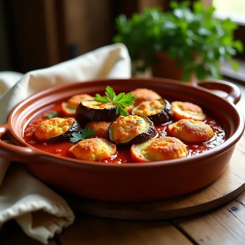 Cazuela de barro humeante con pollo dorado, berenjenas fritas crujientes y salsa de tomate espesa, decorada con perejil fresco. Plato tradicional andaluz servido en mesa rústica.