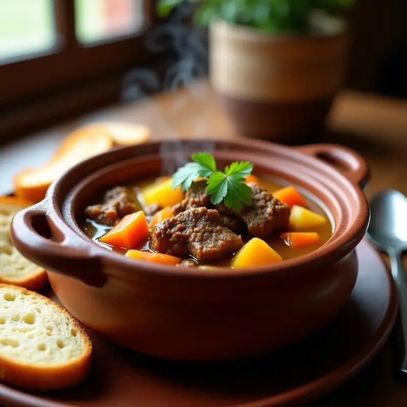 Olla de barro humeante con cazuela chilena de ternera y zapallo, trozos de carne jugosa, calabaza naranja, papas y zanahorias en un caldo dorado espeso, decorada con cilantro fresco.