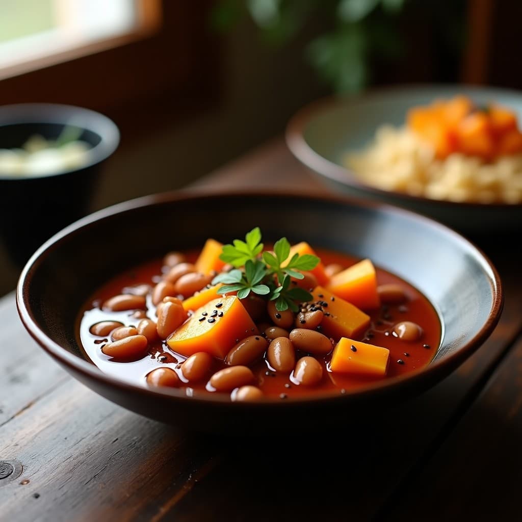 Cazuela japonesa de frijoles azuki y calabaza kabocha en cuenco de cerámica negra, con semillas de sésamo negro y hojas de shiso frescas, sobre fondo de madera oscura con luz cálida.