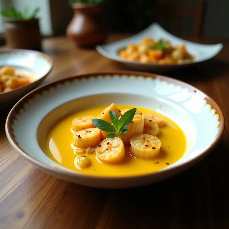 Cazuela de barro humeante con mejillones, gambas y calamares en salsa cremosa de leche de coco y cúrcuma, decorada con cilantro fresco y rodajas de limón, receta brasileña tradicional.