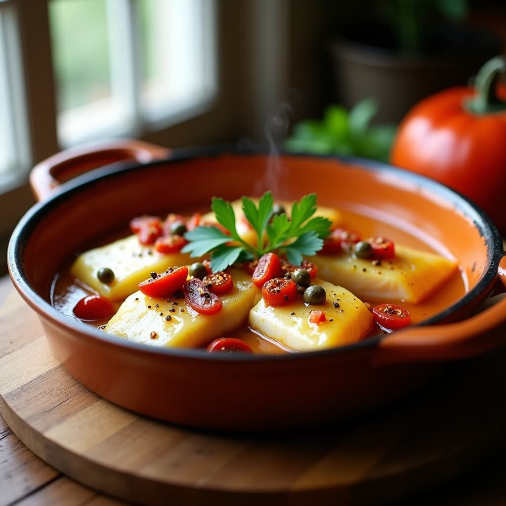 Cazuela de barro humeante con filetes de merluza blanca bañados en una salsa dorada de alcaparras y tomates secos, decorada con perejil fresco. Plato típico español bajo en calorías preparado en Thermomix.