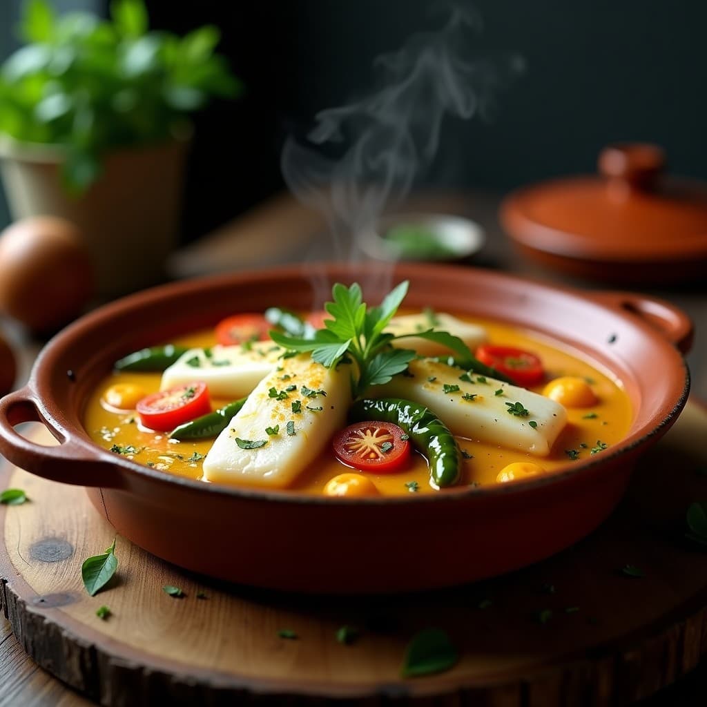 Cazuela de barro humeante con filetes de merluza blancas bañadas en salsa espesa de color dorado, pimientos del Padrón verdes y trozos de ajo negro. Acompañada de perejil fresco y servida sobre mesa rústica de madera.