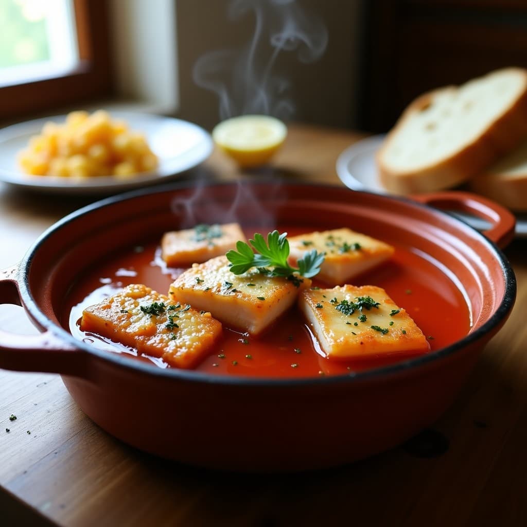 Cazuela de barro con filetes de merluza bañados en una salsa espesa de color rojizo, elaborada con pimientos del piquillo y ajo negro, decorada con perejil fresco y servida en un plato rústico de cocina tradicional española.