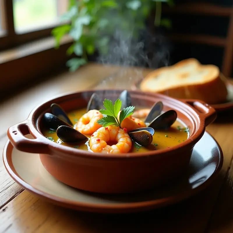 Cazuela de barro humeante con cazuelita de mariscos chilena, llena de almejas, mejillones y camarones en un caldo dorado aromatizado con cilantro y merquén, acompañada de pan rústico.