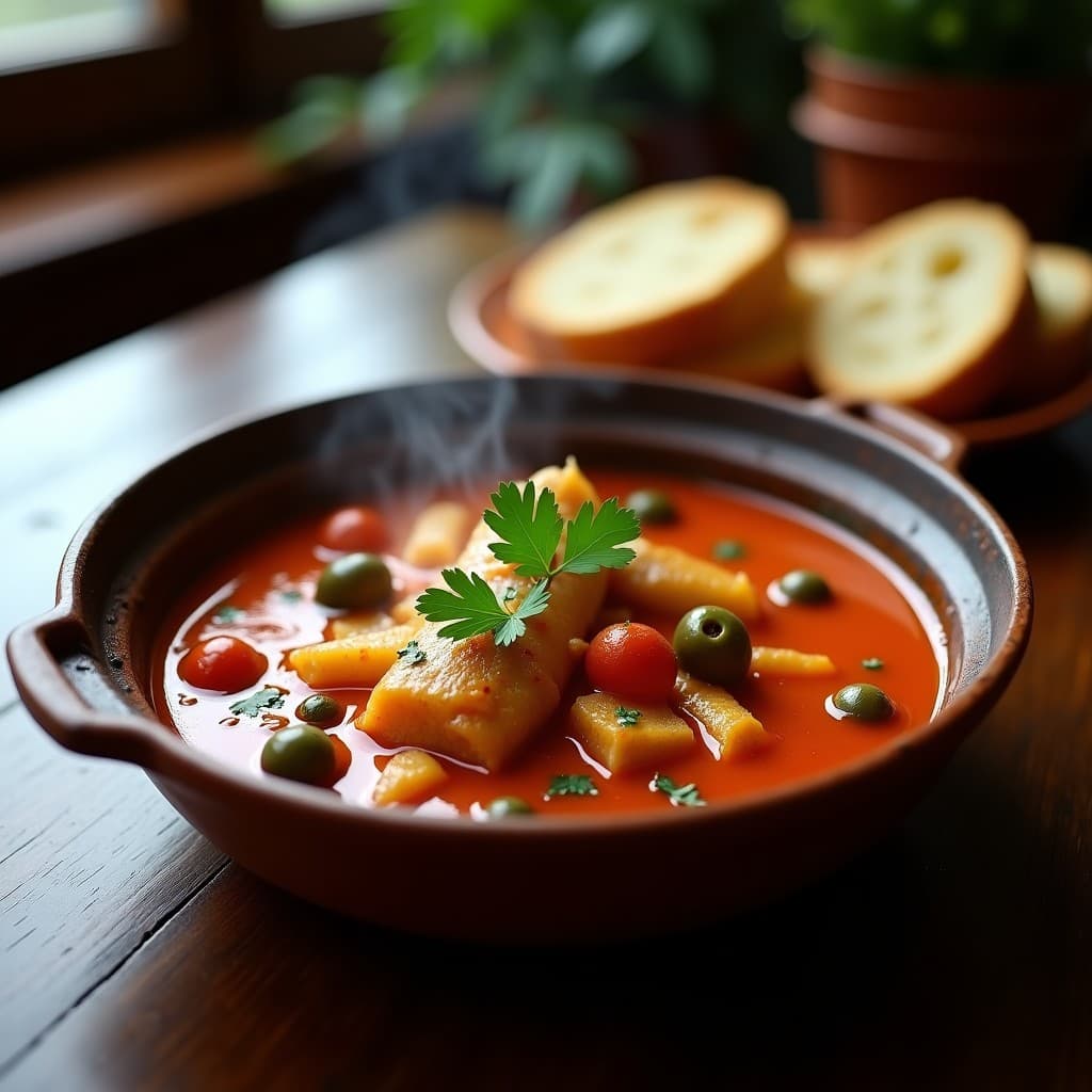 Cazuelita de barro humeante con filetes de congrio bañados en una salsa espesa de color rojo anaranjado, decorada con perejil fresco y alcaparras, acompañada de rebanadas de pan rústico. Receta chilena de cazuelita de congrio con Pimentón de la Vera en olla exprés.