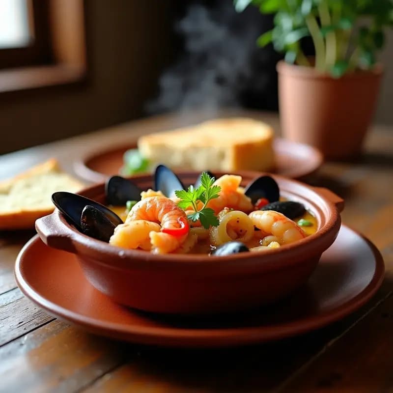 Cazuela de barro humeante con guiso de marisco: gambas rosadas, mejillones abiertos y calamares en anillos, bañados en un caldo dorado con trozos de cebolla, pimiento y perejil fresco. Plato tradicional español de la costa.