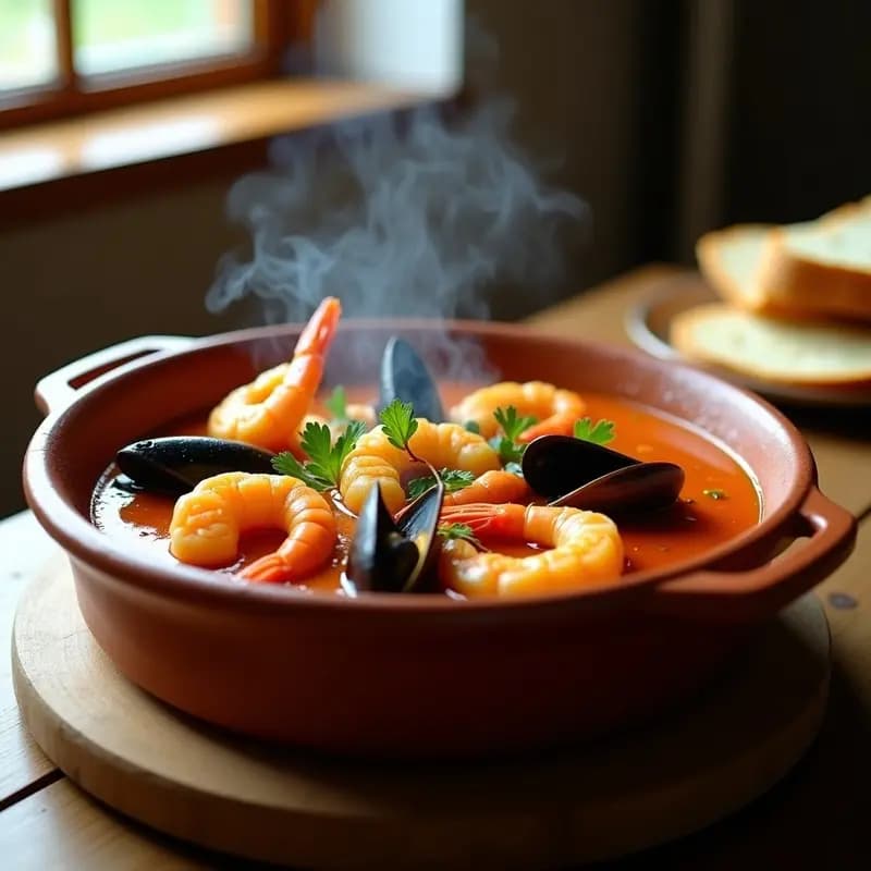 Cazuela de barro humeante con cazuelita de marisco, gambas, mejillones y calamares en salsa espesa de Ñoras y azafrán, decorada con perejil fresco. Plato típico vasco con sabores del mar.