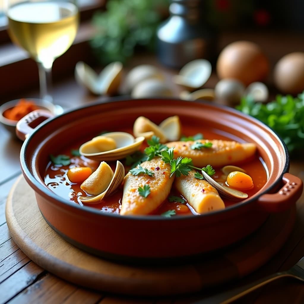 Cazuelita de barro humeante con trozos de merluza blanca, almejas abiertas y un caldo dorado espeso, espolvoreado con perejil fresco. Plato tradicional español de olla lenta con pimentón.