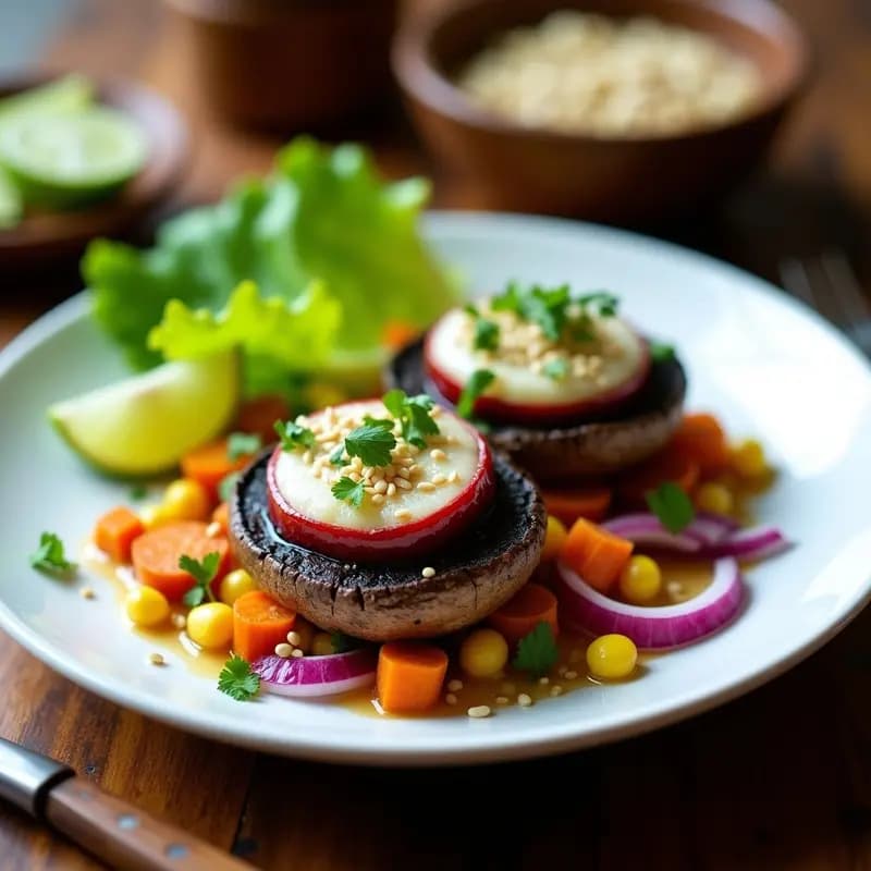 Plato de cebiche vegano de hongos portobello marinados en limón verde y ají limo, acompañado de maíz tostado, camote morado y lechuga, con semillas de sésamo espolvoreadas.