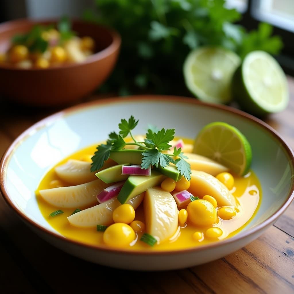 Plato de cebiche vegano de palmito con leche de tigre amarilla, rodajas de palmitos, aguacate en cubos, maíz tostado y cilantro fresco, servido en un plato hondo de cerámica blanca sobre una mesa rústica de madera.