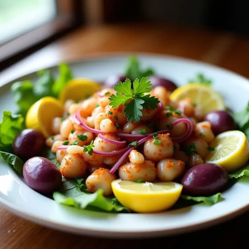 Plato de cebiche de pulpo ahumado peruano con trozos de pulpo marinado en limón, cebolla roja, ají amarillo y cilantro, acompañado de camote morado y choclo sobre hojas de lechuga.