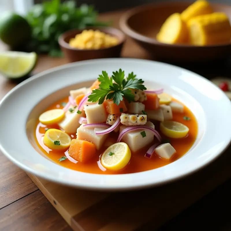 Plato de cebiche peruano con trozos de corvina marinada en limón, jengibre y tamarindo, acompañado de camote morado, choclo y semillas de sésamo.
