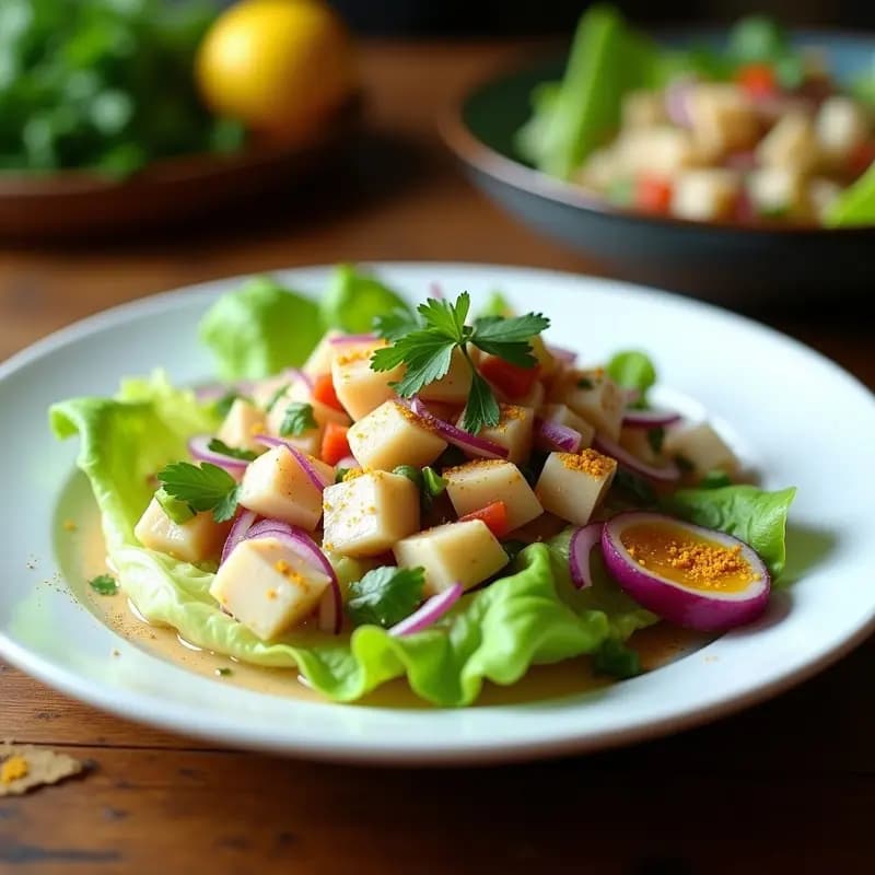 Plato de cebiche peruano de pescado con trozos de corvina marinados en limón, cebolla morada, cilantro y apio, servido sobre hojas de lechuga y acompañado de camote morado.