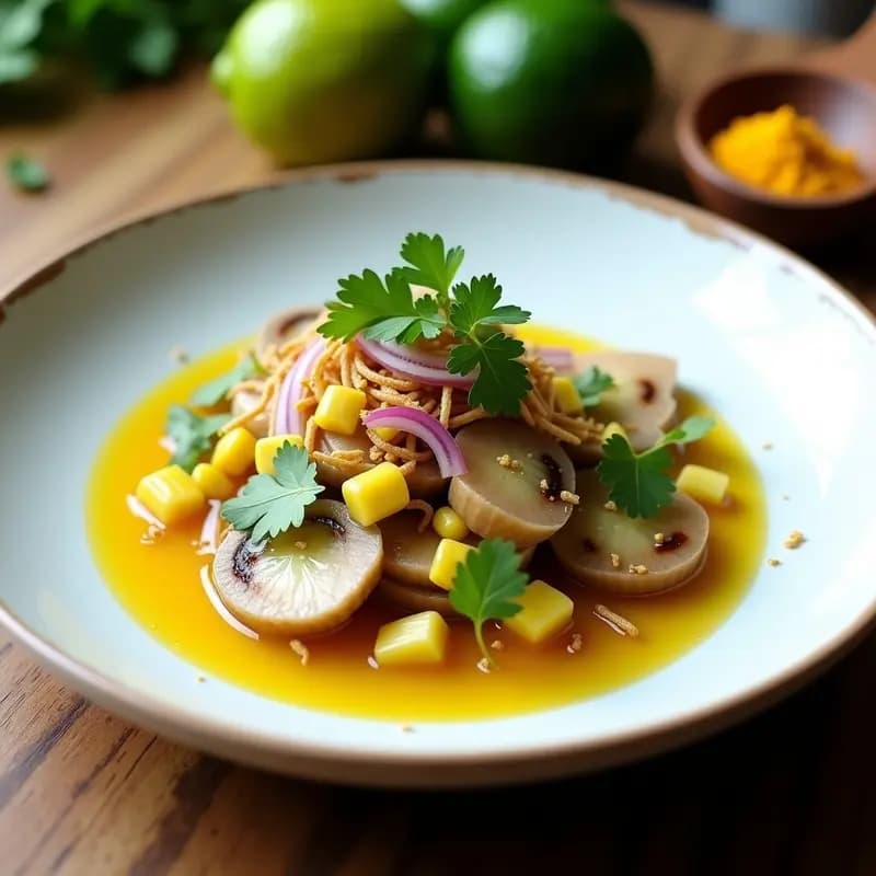 Plato hondo de cerámica blanca con ceviche vegano peruano: trozos de champiñones portobello y palmitos marinados en cítricos, decorado con cebolla roja, cilantro, maíz tostado y copos de alga nori. Fondo rústico con limones y ají amarillo.