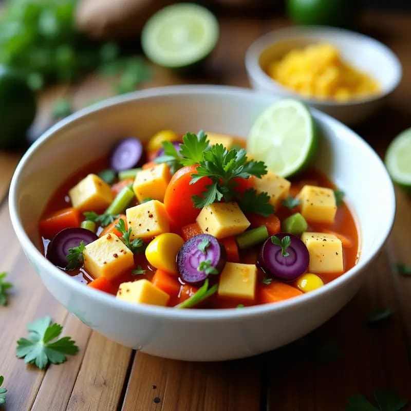 Plato hondo de cerámica blanca con cebiche vegano peruano: tofu marinado en cubos dorados, zanahoria morada en rodajas, maíz tierno, camote morado y cilantro fresco, decorado con rodajas de lima.