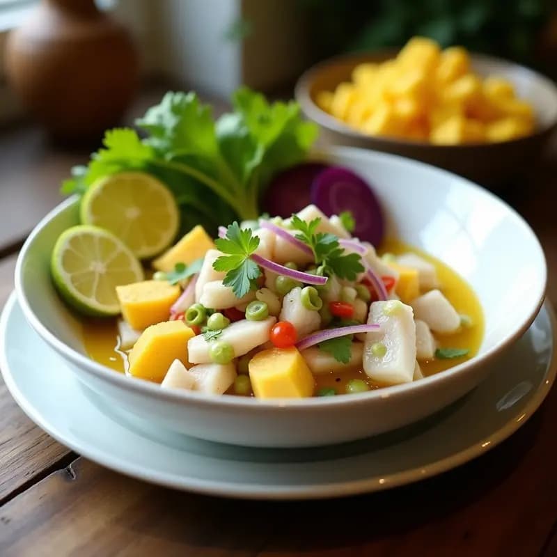 Plato hondo de cerámica blanca con cebiche piurano auténtico: trozos de corvina marinados en limón y maracuyá, acompañados de cebolla roja, culantro, apio, camote morado y choclo, sobre fondo rústico de madera.