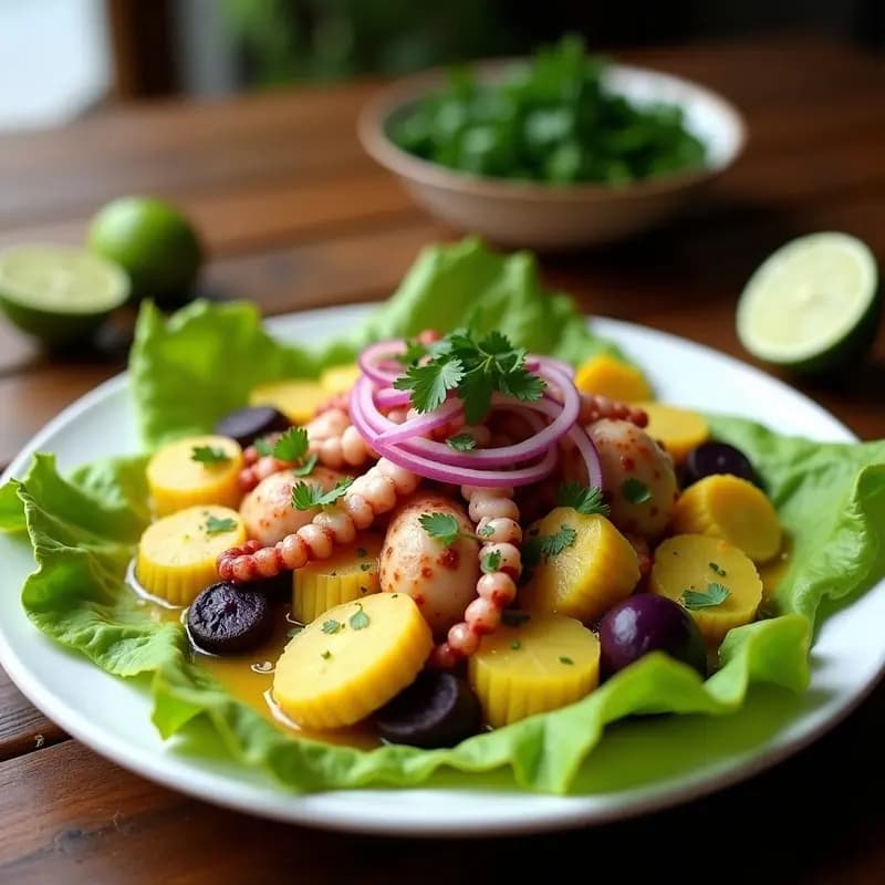 Plato de cebiche de pulpo cocido con leche de tigre, servido sobre hojas de lechuga con rodajas de papa amarilla, camote morado, choclo y cebolla roja, decorado con cilantro fresco.