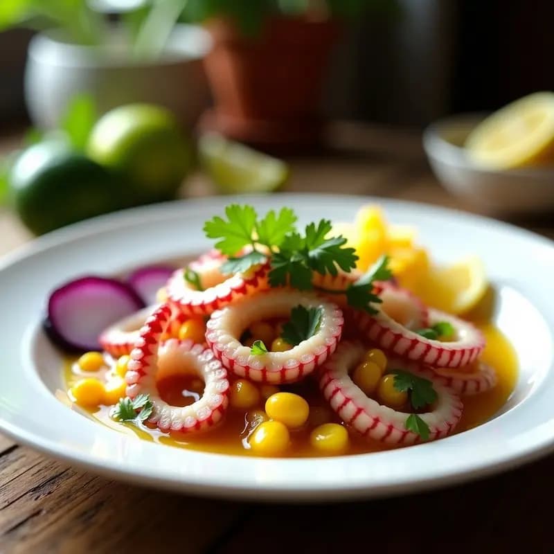Plato blanco con cebiche de pulpo al limón, trozos de pulpo marinado en limón con cebolla roja, ají amarillo y cilantro, acompañado de maíz tierno y camote morado en rodajas, sobre fondo rústico de madera.