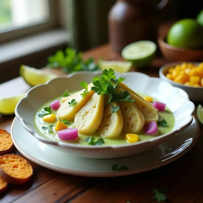 Plato hondo de cerámica blanca con cebiche vegano de corazón de alcachofa en rodajas, bañado en leche de tigre de lima verde pálido, acompañado de cebolla morada, maíz tierno, batata morada y cancha serrana, con hojas de cilantro fresco y rodajas de lima como decoración.