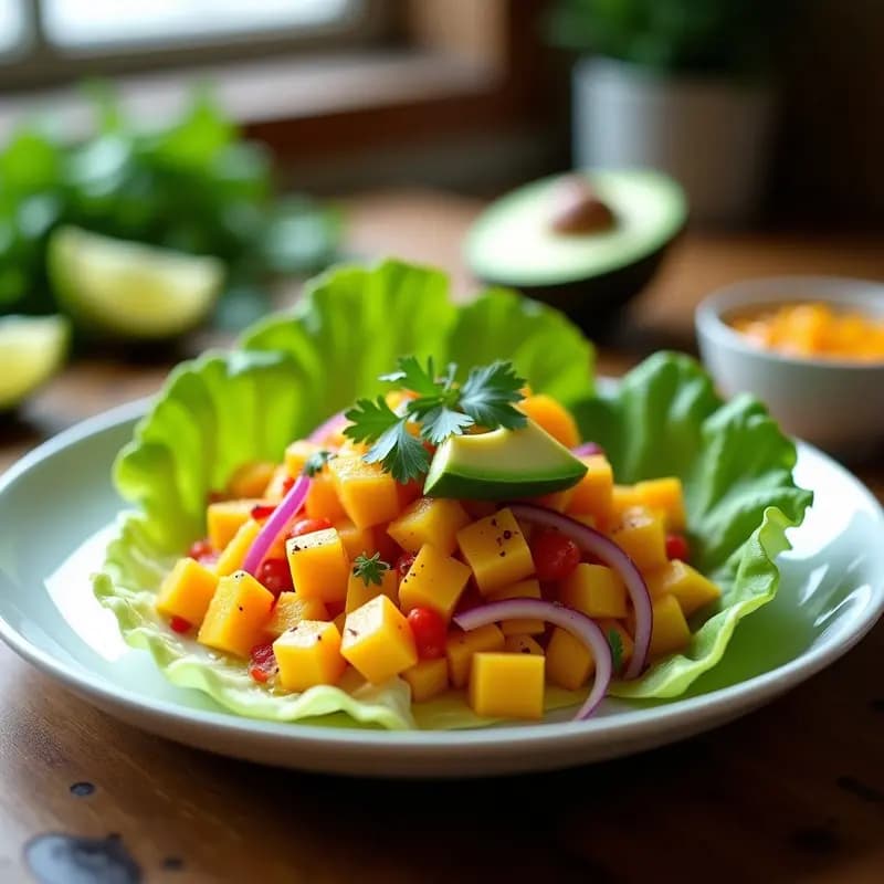 Cebiche vegano de mango y corazón de palma servido sobre hojas de lechuga romana, decorado con láminas de aguacate y cilantro fresco, con un fondo de limones verdes.