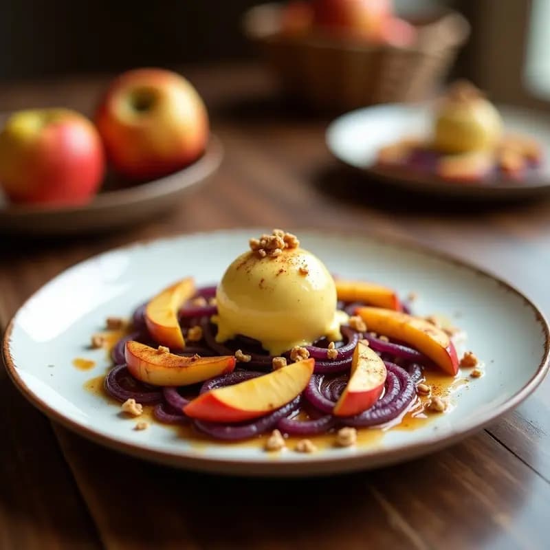 Plato de postre francés con cebollas moradas caramelizadas, gajos de manzana asada dorada y una bola de helado de cúrcuma amarillo suave, decorado con nueces picadas y un toque de canela espolvoreada.