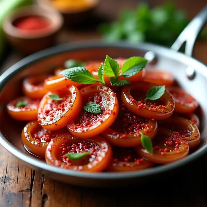 Cebollas moradas caramelizadas con sumac en una sartén de acero, brillantes y doradas, espolvoreadas con especias persas, listas para acompañar hamburguesas o bowls.