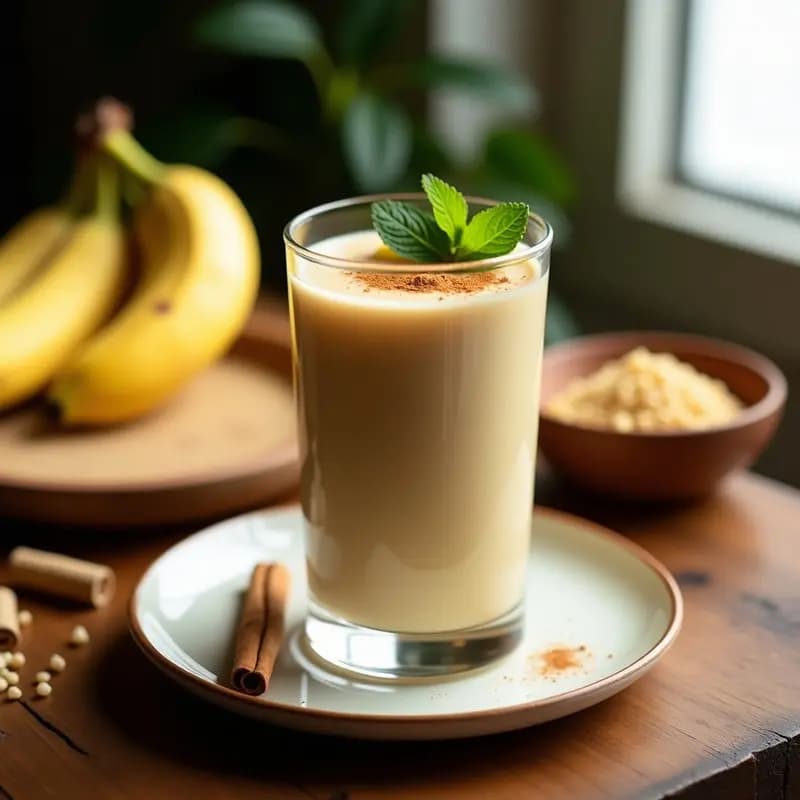 Vaso alto transparente con ceche de quinoa y camu camu, bebida cremosa de color beige claro con espuma ligera, decorado con una pizca de canela en polvo por encima y hojas de menta fresca al lado. Fondo de madera rústica con ingredientes como plátano, quinoa cocida y camu camu en polvo dispersos.