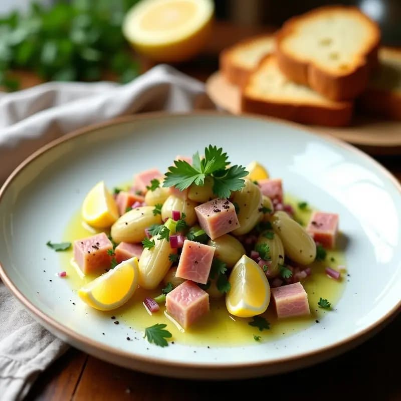 Plato blanco rústico con cechetta de alcachofas carduncellus y ventresca de atún, mezcla de trozos de alcachofas, atún desmenuzado, cebolla morada, apio y perejil, decorado con limón y aceite de oliva, servido sobre tostadas integrales. Receta sarda sin cocinar.