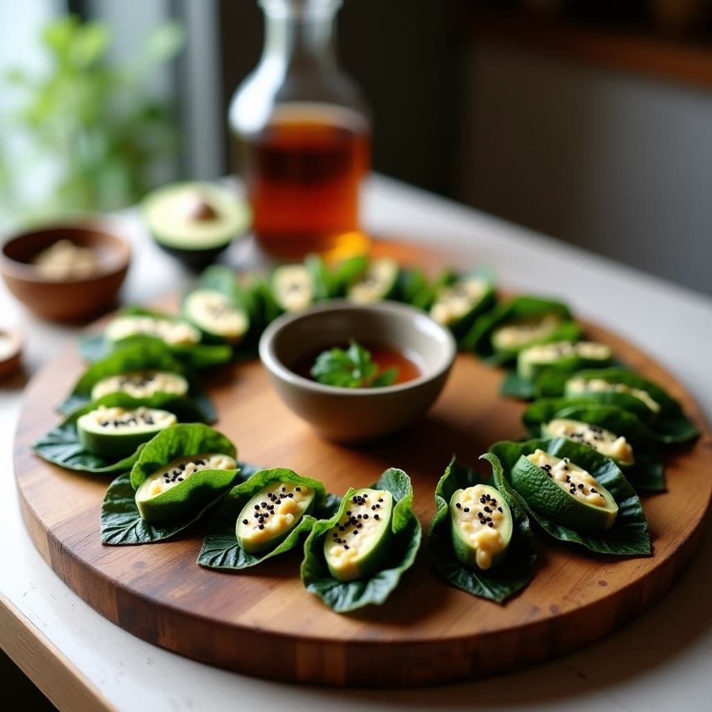 Cechetti veganos de algas nori y queso de almendras sobre tabla de madera rústica, con semillas de sésamo y perejil fresco. Aperitivo alto en yodo y omega-3.