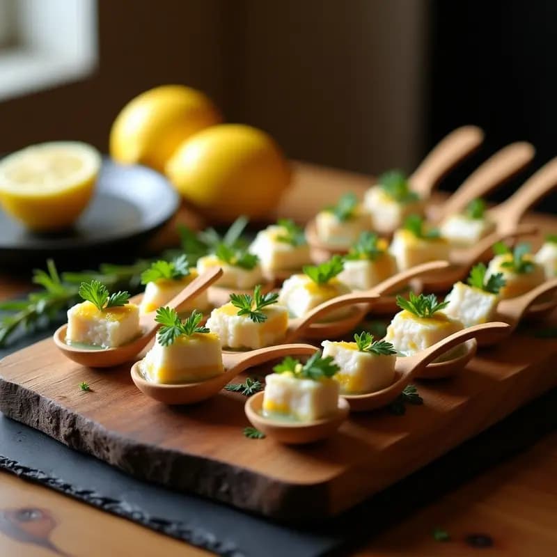 Plato de cechetti venecianos con trozos de bacalao en salsa de limón, servidos en cucharitas de madera sobre una tabla rústica, decorados con perejil fresco y aceitunas. Receta italiana gourmet sin harina.