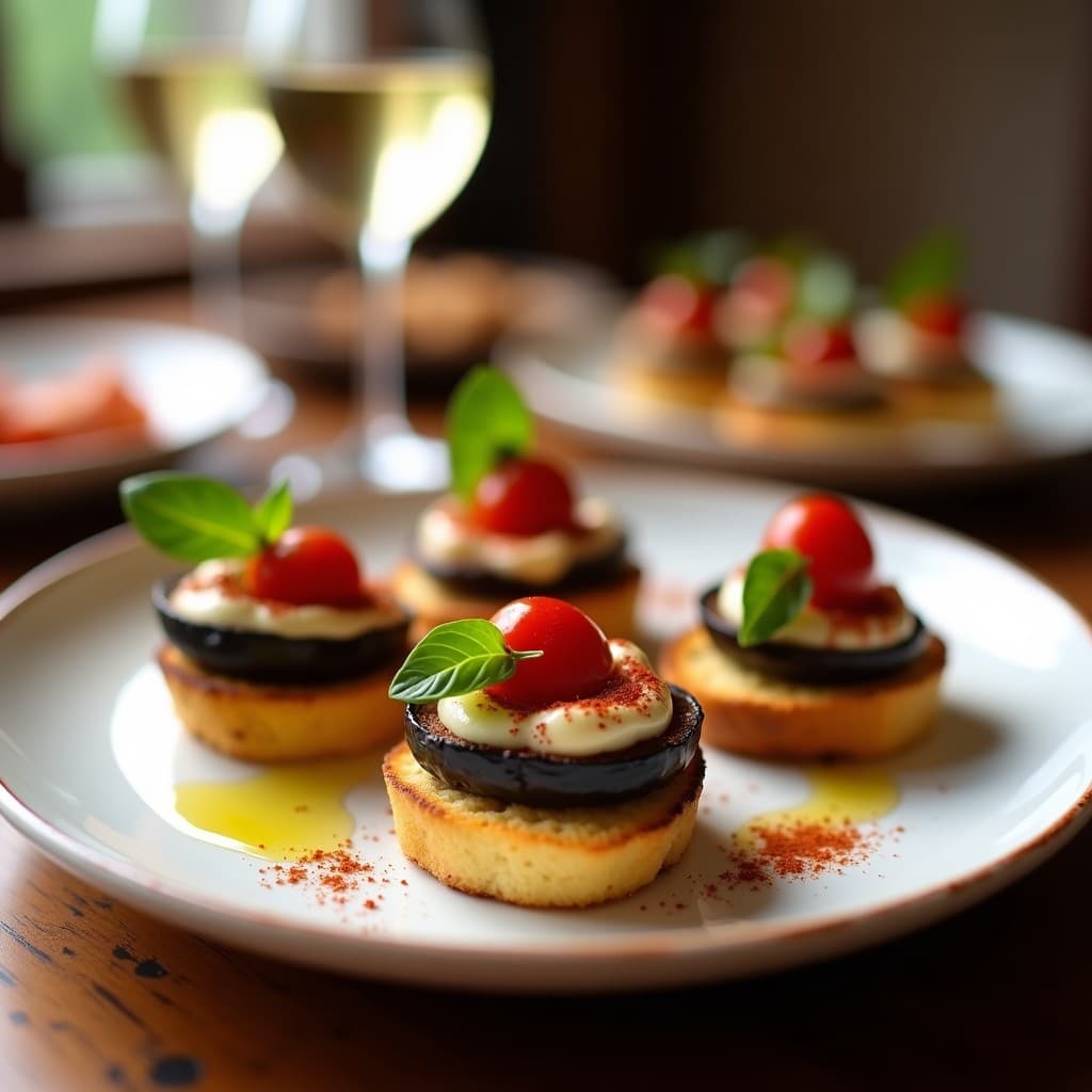 Plato blanco con cechetti venecianos: rebanadas de pan de maíz tostado con crema de ajo negro, berenjena ahumada en cubos, tomate cherry y albahaca fresca. Fondo borroso con copas de spritz y luz natural.
